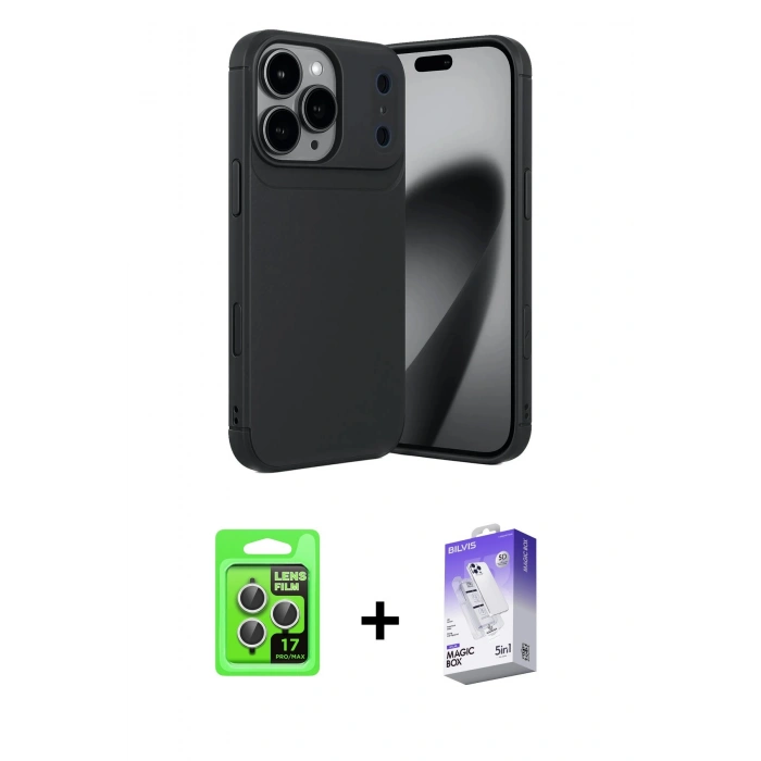 MARSİLYAN™- iPhone 17 Pro Kılıf Eksen Form Prime - Siyah Bilvis 5in1 3D Magic Cam Ekran Koruyucu + Gümüş Raze Metal Kamera Lens