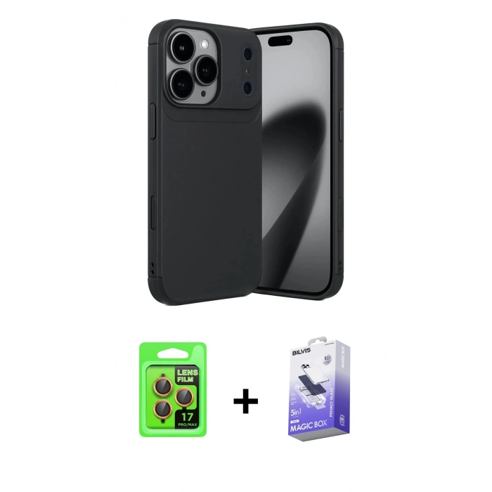 MARSİLYAN™- iPhone 17 Pro Kılıf Eksen Form Prime - Siyah Bilvis 5in1 5D Magic Hayalet Cam Ekran Koruyucu + Raze Metal Kamera Lens - TU