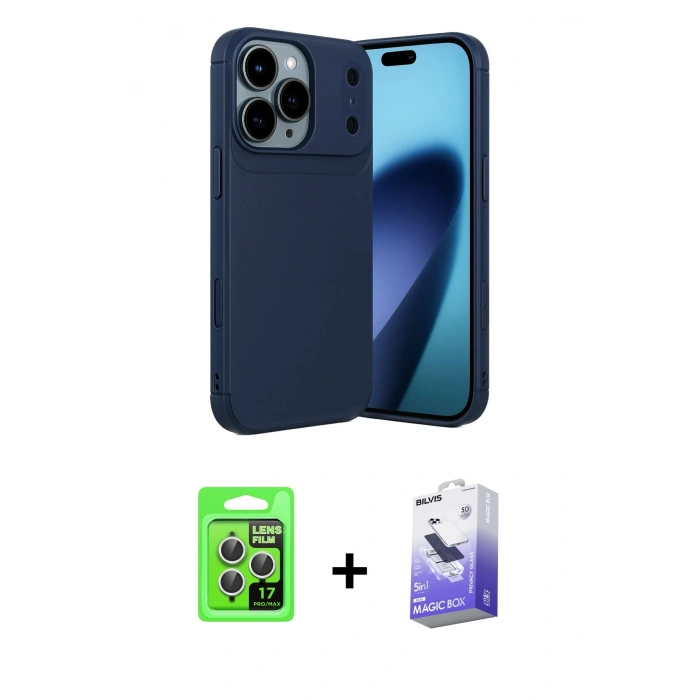 MARSİLYAN™- iPhone 17 Pro Kılıf Eksen Form Prime - Siyah Bilvis 5in1 5D Magic Hayalet Cam Ekran Koruyucu + Raze Metal Kamera Lens - GS