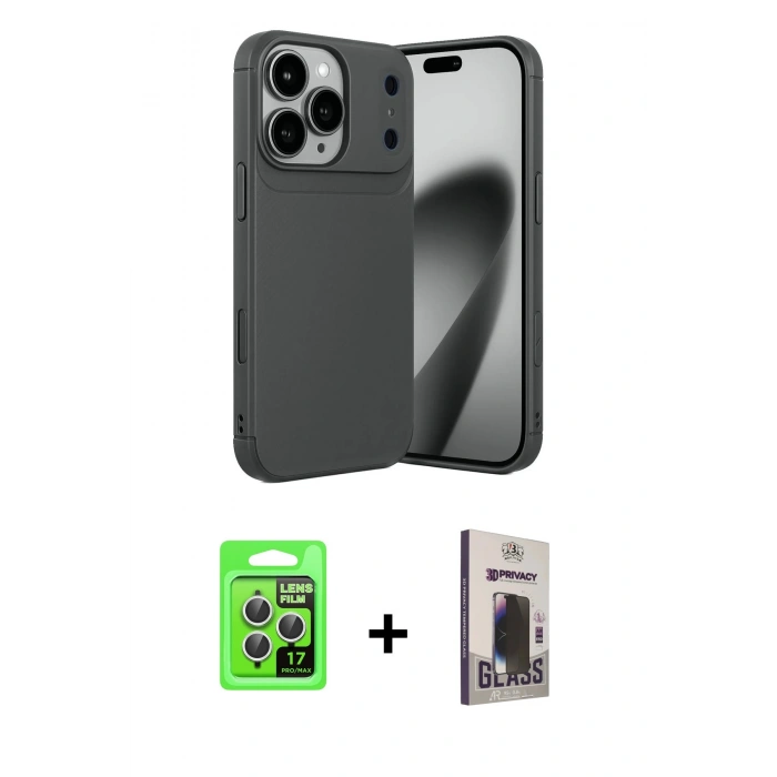 MARSİLYAN™- iPhone 17 Pro Kılıf Eksen Form Prime - Siyah Bilvis Hayalet Cam Ekran Koruyucu + Raze Metal Kamera Lens - GS
