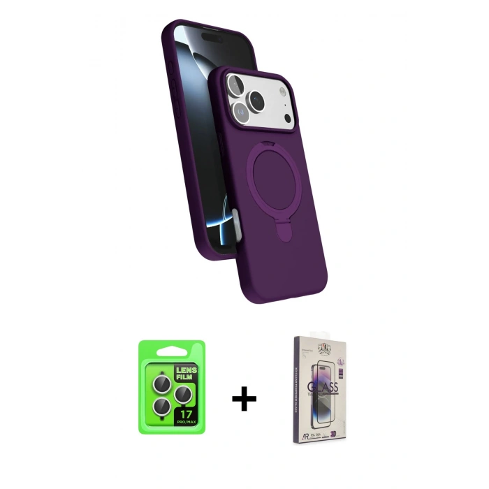 MARSİLYAN™- iPhone 17 Pro Kılıf İz Işık Koleksiyonu - Siyah Bilvis 3D Cam Ekran Koruyucu + Gümüş Raze Metal Kamera Lens