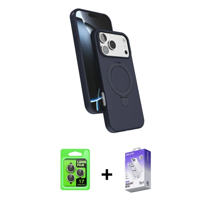 MARSİLYAN™- iPhone 17 Pro Kılıf İz Işık Koleksiyonu - Siyah Bilvis 5in1 3D Magic Cam Ekran Koruyucu + Raze Metal Kamera Lens - GI