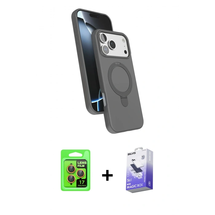 MARSİLYAN™- iPhone 17 Pro Kılıf İz Işık Koleksiyonu - Siyah Bilvis 5in1 5D Magic Hayalet Cam Ekran Koruyucu + Raze Metal Kamera Lens - TU