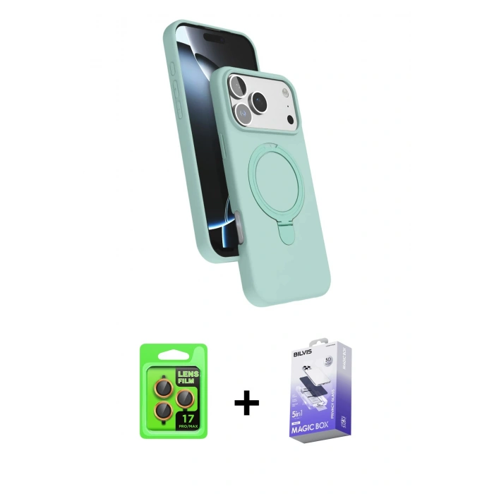 MARSİLYAN™- iPhone 17 Pro Kılıf İz Işık Koleksiyonu - Siyah Bilvis 5in1 5D Magic Hayalet Cam Ekran Koruyucu + Raze Metal Kamera Lens - TU