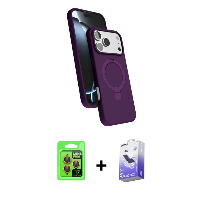 MARSİLYAN™- iPhone 17 Pro Kılıf İz Işık Koleksiyonu - Siyah Bilvis 5in1 5D Magic Hayalet Cam Ekran Koruyucu + Raze Metal Kamera Lens - TU