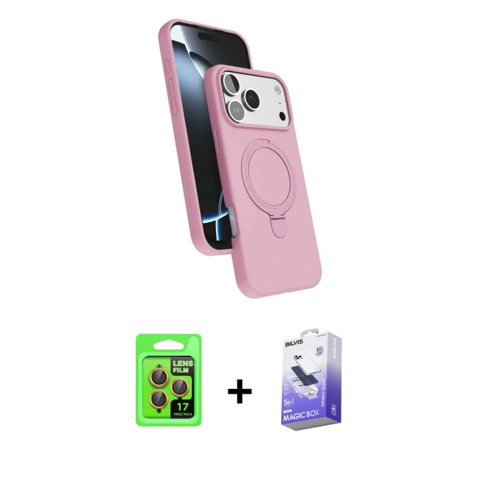 MARSİLYAN™- iPhone 17 Pro Kılıf İz Işık Koleksiyonu - Siyah Bilvis 5in1 5D Magic Hayalet Cam Ekran Koruyucu + Raze Metal Kamera Lens - TU