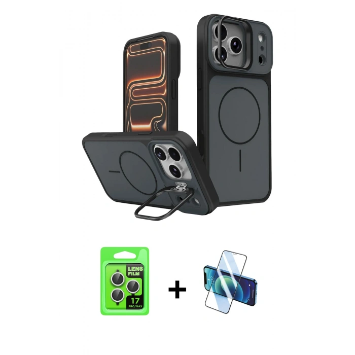 MARSİLYAN™- iPhone 17 Pro Kılıf İz Modern Prime - Siyah 3D Antistatik Cam Ekran Koruyucu + Raze Metal Kamera Lens - GS