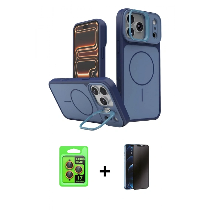 MARSİLYAN™- iPhone 17 Pro Kılıf İz Modern Prime - Siyah 3D Antistatik Hayalet Cam Ekran Koruyucu + Raze Metal Kamera Lens - TU