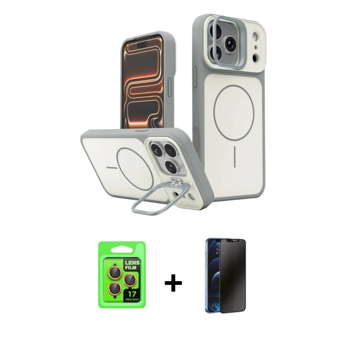 MARSİLYAN™- iPhone 17 Pro Kılıf İz Modern Prime - Siyah 3D Antistatik Hayalet Cam Ekran Koruyucu + Raze Metal Kamera Lens - TU
