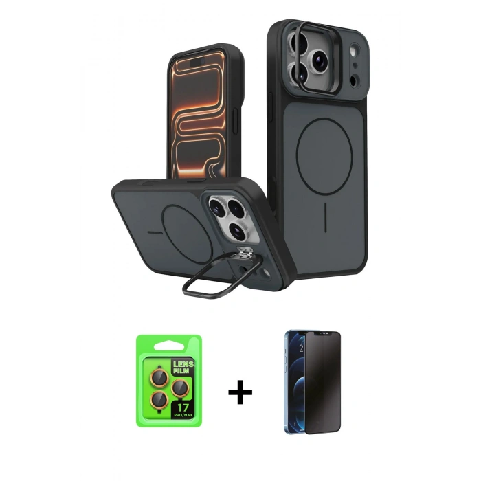 MARSİLYAN™- iPhone 17 Pro Kılıf İz Modern Prime - Siyah 3D Antistatik Hayalet Cam Ekran Koruyucu + Raze Metal Kamera Lens - TU
