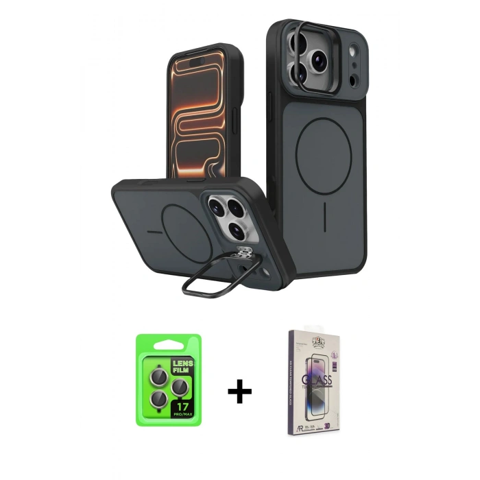MARSİLYAN™- iPhone 17 Pro Kılıf İz Modern Prime - Siyah Bilvis 3D Cam Ekran Koruyucu + Raze Metal Kamera Lens - GI