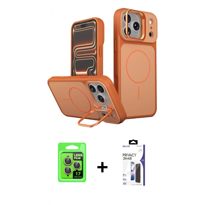 MARSİLYAN™- iPhone 17 Pro Kılıf İz Modern Prime - Siyah Bilvis 3X AR Hayalet Cam Ekran Koruyucu + Raze Metal Kamera Lens - GI