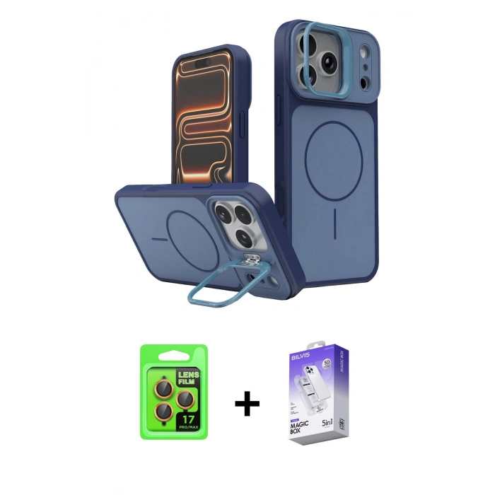 MARSİLYAN™- iPhone 17 Pro Kılıf İz Modern Prime - Siyah Bilvis 5in1 3D Magic Cam Ekran Koruyucu + Raze Metal Kamera Lens - TU