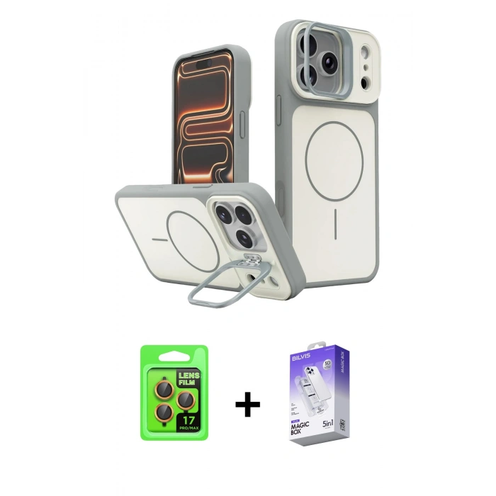 MARSİLYAN™- iPhone 17 Pro Kılıf İz Modern Prime - Siyah Bilvis 5in1 3D Magic Cam Ekran Koruyucu + Raze Metal Kamera Lens - TU