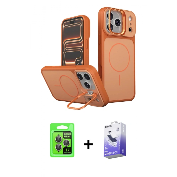 MARSİLYAN™- iPhone 17 Pro Kılıf İz Modern Prime - Siyah Bilvis 5in1 5D Magic Hayalet Cam Ekran Koruyucu + Raze Metal Kamera Lens - GI
