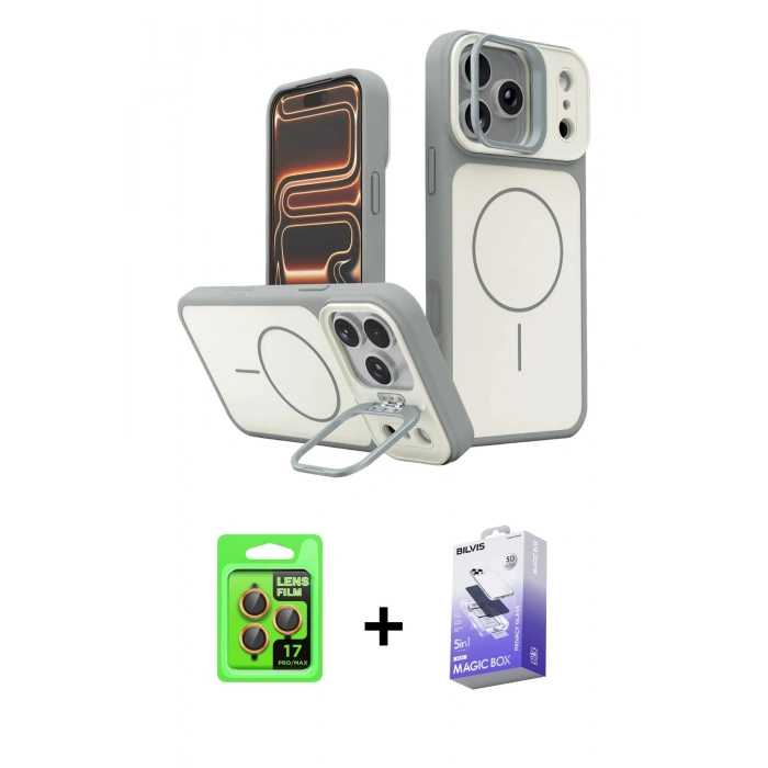 MARSİLYAN™- iPhone 17 Pro Kılıf İz Modern Prime - Siyah Bilvis 5in1 5D Magic Hayalet Cam Ekran Koruyucu + Raze Metal Kamera Lens - TU