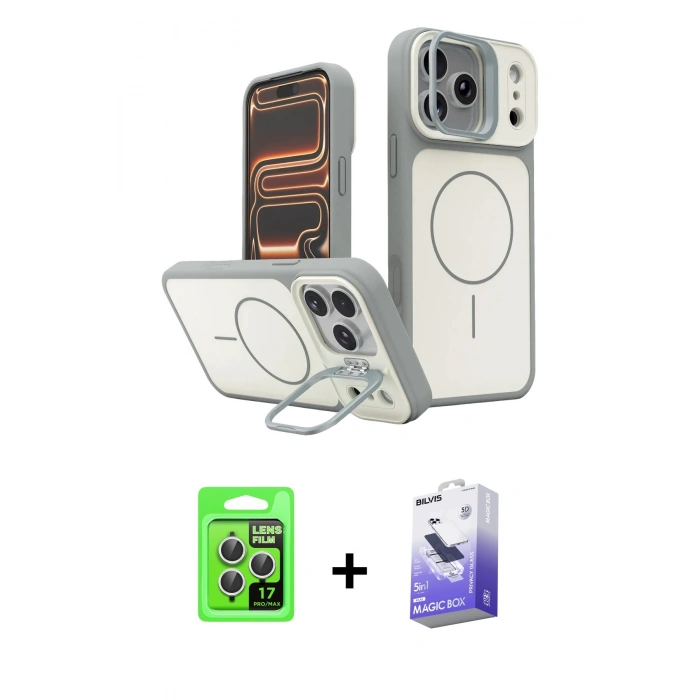 MARSİLYAN™- iPhone 17 Pro Kılıf İz Modern Prime - Siyah Bilvis 5in1 5D Magic Hayalet Cam Ekran Koruyucu + Raze Metal Kamera Lens - GS