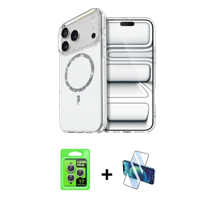 MARSİLYAN™- iPhone 17 Pro Kılıf Kıvılcım Form Prime - Siyah 3D Antistatik Cam Ekran Koruyucu + Raze Metal Kamera Lens - GS