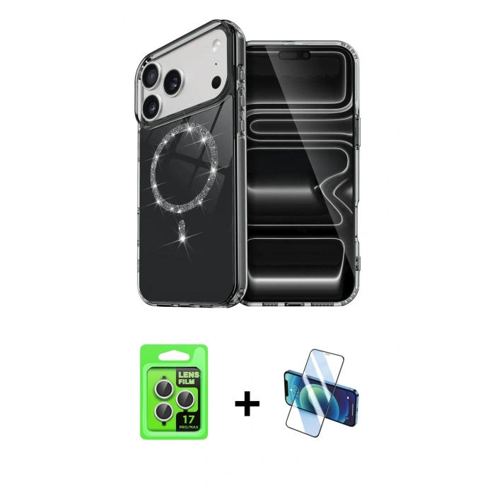 MARSİLYAN™- iPhone 17 Pro Kılıf Kıvılcım Form Prime - Siyah 3D Antistatik Cam Ekran Koruyucu + Raze Metal Kamera Lens - GS