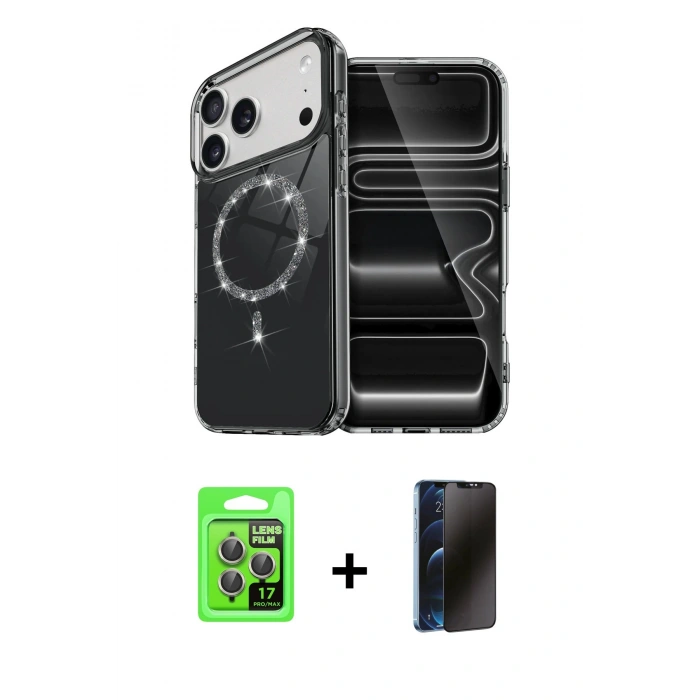 MARSİLYAN™- iPhone 17 Pro Kılıf Kıvılcım Form Prime - Siyah 3D Antistatik Hayalet Cam Ekran Koruyucu + Raze Metal Kamera Lens - GI