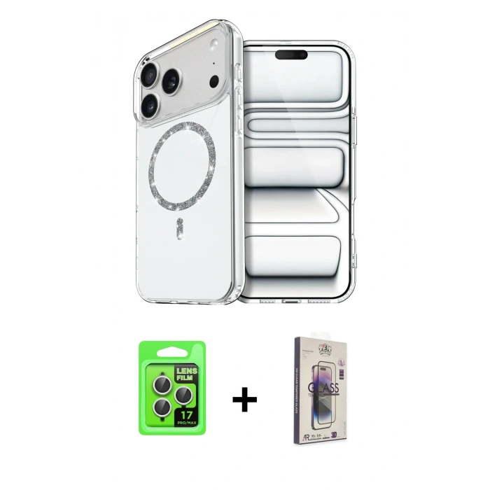 MARSİLYAN™- iPhone 17 Pro Kılıf Kıvılcım Form Prime - Siyah Bilvis 3D Cam Ekran Koruyucu + Gümüş Raze Metal Kamera Lens