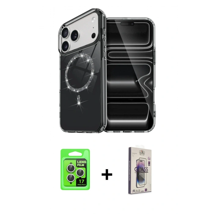 MARSİLYAN™- iPhone 17 Pro Kılıf Kıvılcım Form Prime - Siyah Bilvis 3D Cam Ekran Koruyucu + Gümüş Raze Metal Kamera Lens