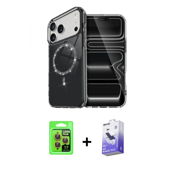 MARSİLYAN™- iPhone 17 Pro Kılıf Kıvılcım Form Prime - Siyah Bilvis 5in1 5D Magic Hayalet Cam Ekran Koruyucu + Raze Metal Kamera Lens - TU