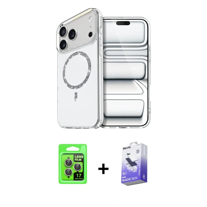MARSİLYAN™- iPhone 17 Pro Kılıf Kıvılcım Form Prime - Siyah Bilvis 5in1 5D Magic Hayalet Cam Ekran Koruyucu + Raze Metal Kamera Lens - GI