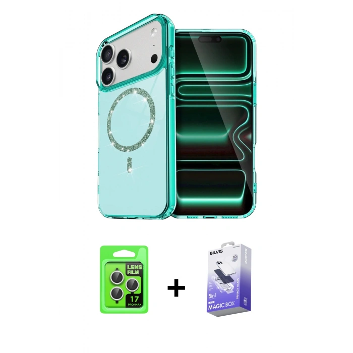 MARSİLYAN™- iPhone 17 Pro Kılıf Kıvılcım Form Prime - Siyah Bilvis 5in1 5D Magic Hayalet Cam Ekran Koruyucu + Raze Metal Kamera Lens - GS