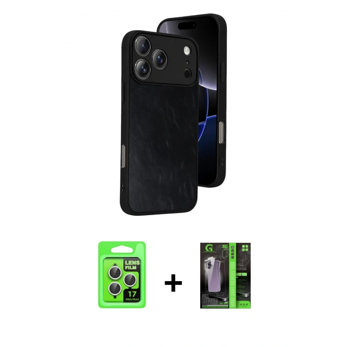 MARSİLYAN™- iPhone 17 Pro Kılıf Kıvılcım Işık Serisi - Siyah 360 Mat Full Body Arka Koruyucu + Raze Metal Kamera Lens - GS