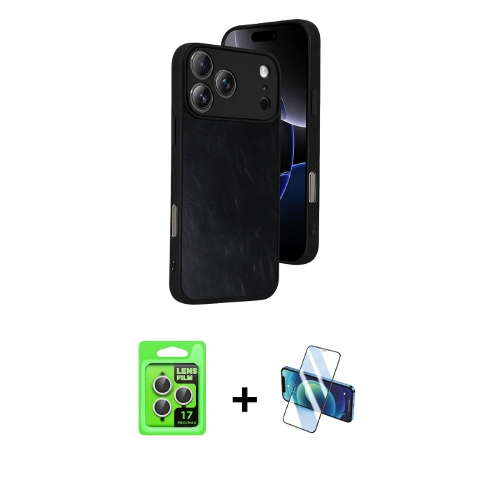 MARSİLYAN™- iPhone 17 Pro Kılıf Kıvılcım Işık Serisi - Siyah 3D Antistatik Cam Ekran Koruyucu + Raze Metal Kamera Lens - GS