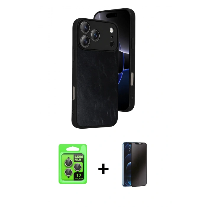 MARSİLYAN™- iPhone 17 Pro Kılıf Kıvılcım Işık Serisi - Siyah 3D Antistatik Hayalet Cam Ekran Koruyucu + Raze Metal Kamera Lens - GI