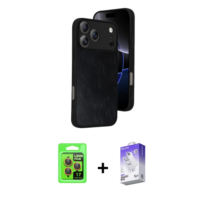 MARSİLYAN™- iPhone 17 Pro Kılıf Kıvılcım Işık Serisi - Siyah Bilvis 5in1 3D Magic Cam Ekran Koruyucu + Raze Metal Kamera Lens - TU
