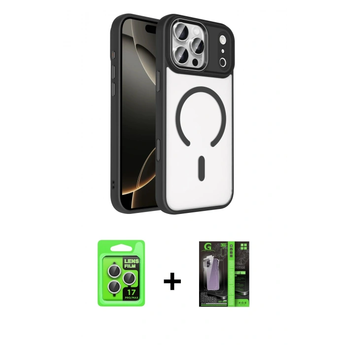 MARSİLYAN™- iPhone 17 Pro Kılıf Kıvılcım Prime - Şeffaf 360 Full Body Arka Koruyucu + Raze Metal Kamera Lens - GS