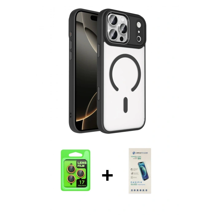 MARSİLYAN™- iPhone 17 Pro Kılıf Kıvılcım Prime - Şeffaf Pasifik Cam Ekran Koruyucu + Raze Metal Kamera Lens - TU