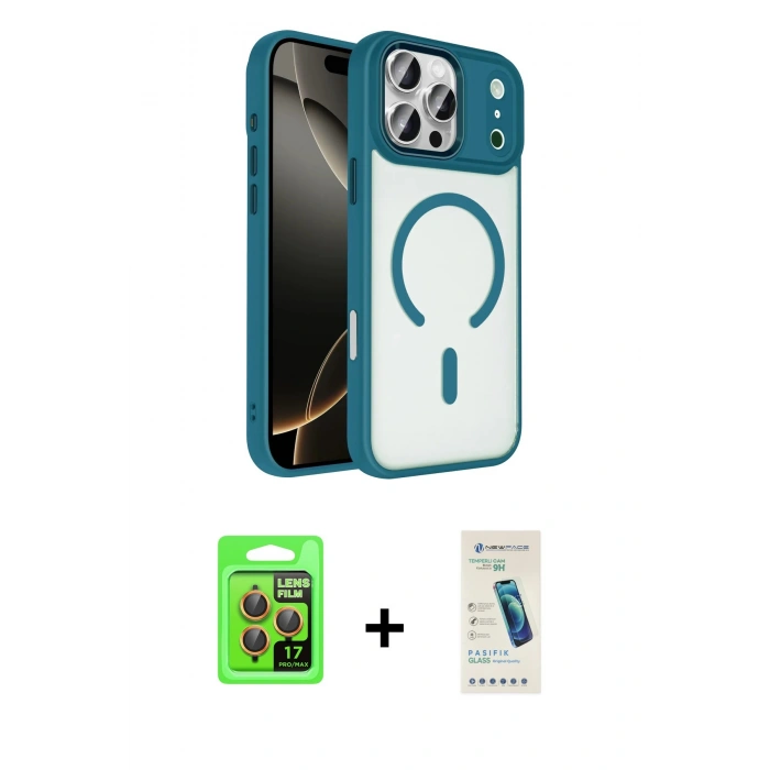 MARSİLYAN™- iPhone 17 Pro Kılıf Kıvılcım Prime - Şeffaf Pasifik Cam Ekran Koruyucu + Raze Metal Kamera Lens - TU