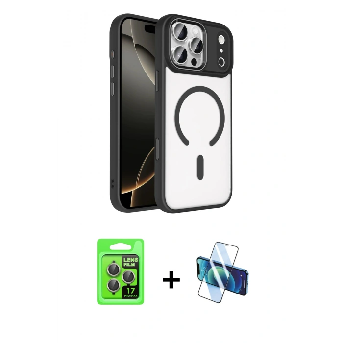 MARSİLYAN™- iPhone 17 Pro Kılıf Kıvılcım Prime - Siyah 3D Antistatik Seramik Nano Ekran Koruyucu + Raze Metal Kamera Lens - GI