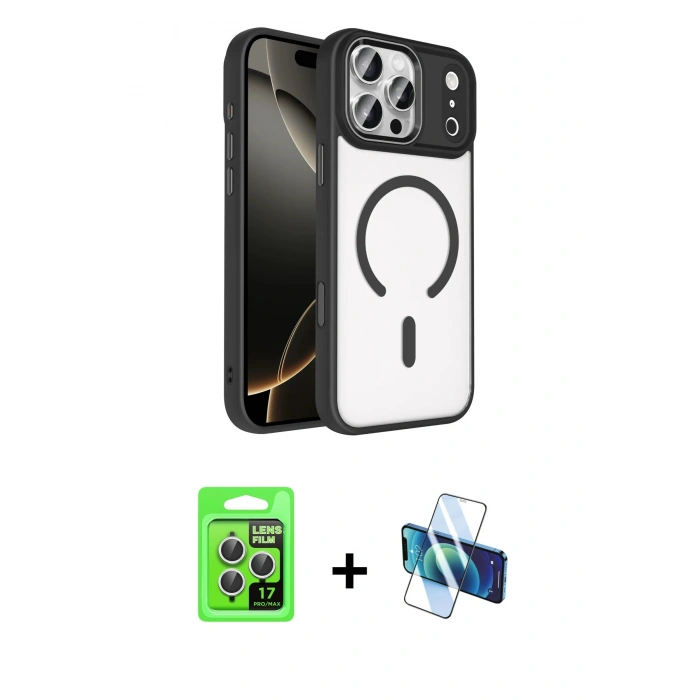 MARSİLYAN™- iPhone 17 Pro Kılıf Kıvılcım Prime - Siyah 3D Antistatik Seramik Nano Ekran Koruyucu + Raze Metal Kamera Lens - GS