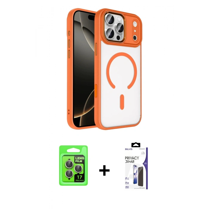 MARSİLYAN™- iPhone 17 Pro Kılıf Kıvılcım Prime - Siyah Bilvis 3X AR Hayalet Cam Ekran Koruyucu + Raze Metal Kamera Lens - GI