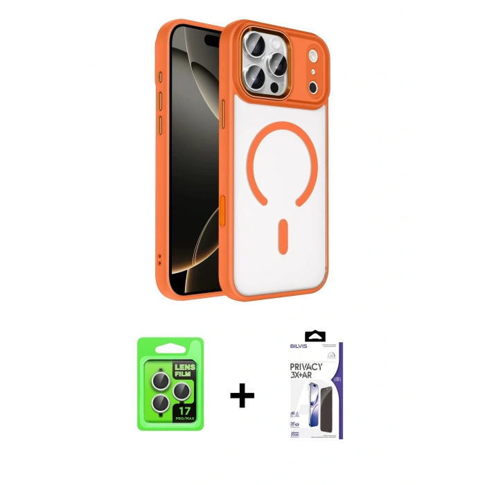 MARSİLYAN™- iPhone 17 Pro Kılıf Kıvılcım Prime - Siyah Bilvis 3X AR Hayalet Cam Ekran Koruyucu + Raze Metal Kamera Lens - GS