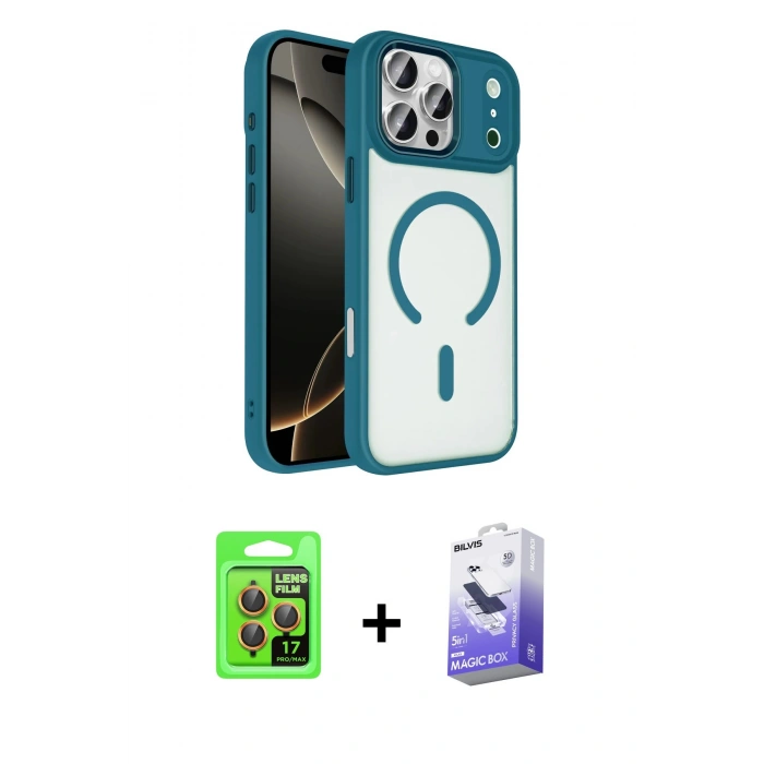 MARSİLYAN™- iPhone 17 Pro Kılıf Kıvılcım Prime - Siyah Bilvis 5in1 5D Magic Hayalet Cam Ekran Koruyucu + Raze Metal Kamera Lens - TU
