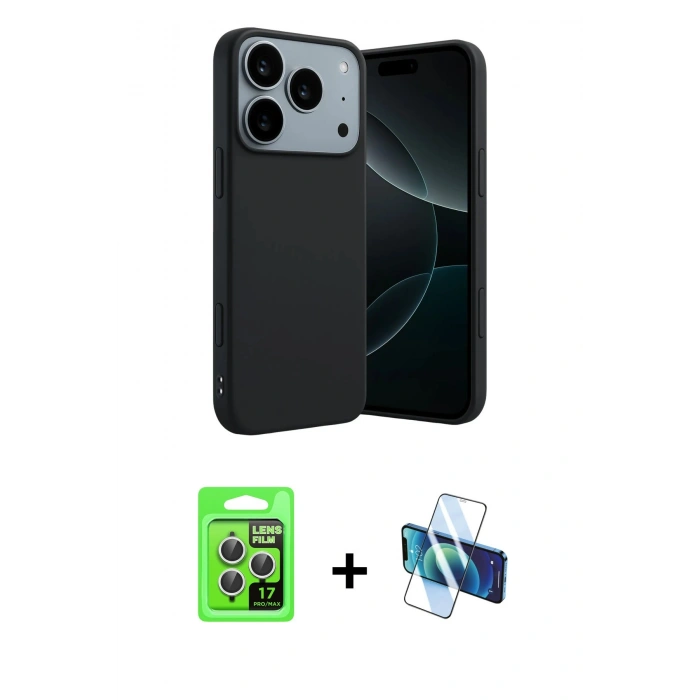 MARSİLYAN™- iPhone 17 Pro Kılıf Kozmos Yansıma Özel Seri - Siyah 3D Antistatik Cam Ekran Koruyucu + Raze Metal Kamera Lens - GS