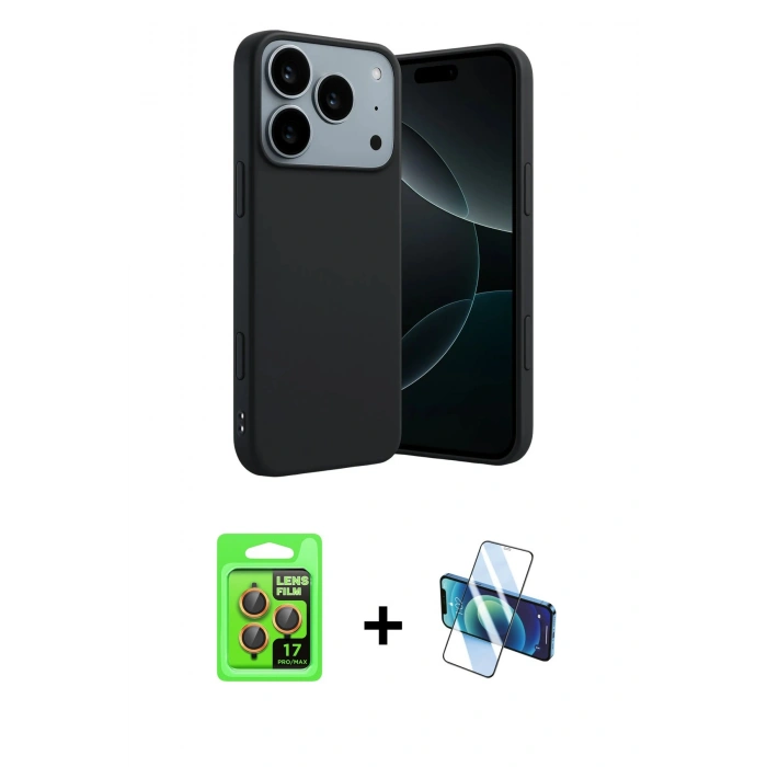 MARSİLYAN™- iPhone 17 Pro Kılıf Kozmos Yansıma Özel Seri - Siyah 3D Antistatik Seramik Nano Ekran Koruyucu + Turuncu Raze Metal Kamera Lens
