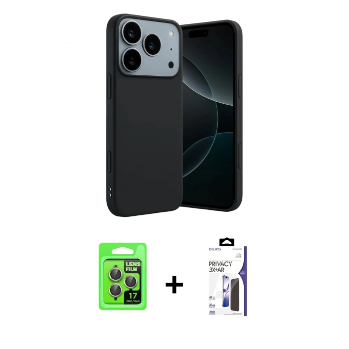 MARSİLYAN™- iPhone 17 Pro Kılıf Kozmos Yansıma Özel Seri - Siyah Bilvis 3X AR Hayalet Cam Ekran Koruyucu + Raze Metal Kamera Lens - GI