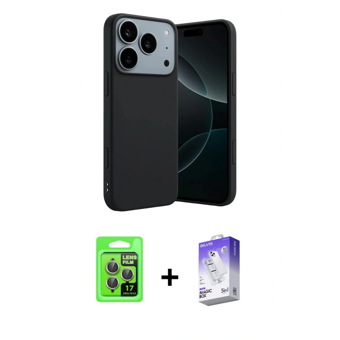 MARSİLYAN™- iPhone 17 Pro Kılıf Kozmos Yansıma Özel Seri - Siyah Bilvis 5in1 3D Magic Cam Ekran Koruyucu + Raze Metal Kamera Lens - GI