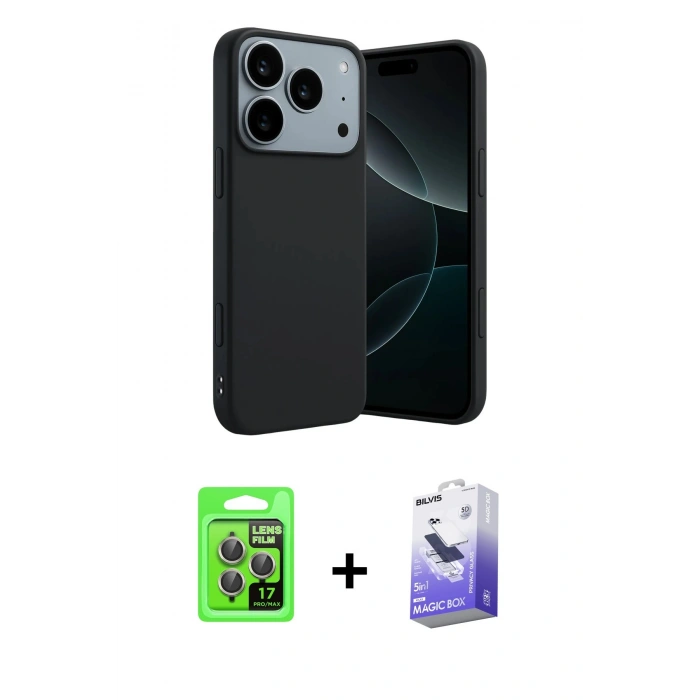 MARSİLYAN™- iPhone 17 Pro Kılıf Kozmos Yansıma Özel Seri - Siyah Bilvis 5in1 5D Magic Hayalet Cam Ekran Koruyucu + Gri Raze Metal Kamera Lens