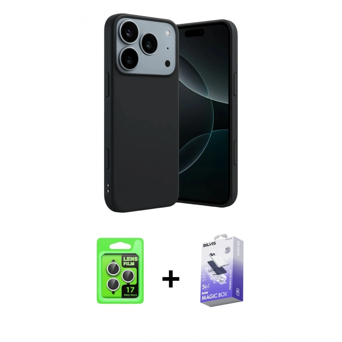 MARSİLYAN™- iPhone 17 Pro Kılıf Kozmos Yansıma Özel Seri - Siyah Bilvis 5in1 5D Magic Hayalet Cam Ekran Koruyucu + Raze Metal Kamera Lens - GS