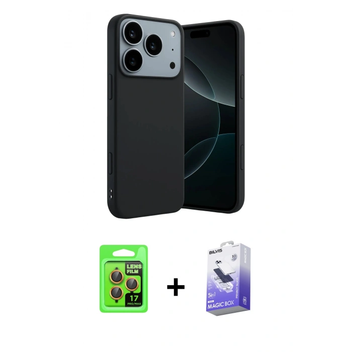 MARSİLYAN™- iPhone 17 Pro Kılıf Kozmos Yansıma Özel Seri - Siyah Bilvis 5in1 5D Magic Hayalet Cam Ekran Koruyucu + Raze Metal Kamera Lens - TU