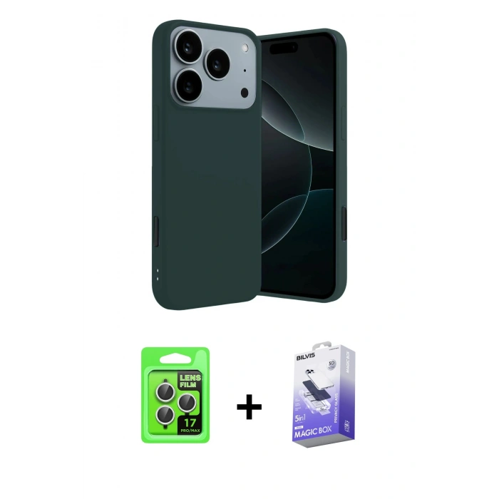 MARSİLYAN™- iPhone 17 Pro Kılıf Kozmos Yansıma Özel Seri - Siyah Bilvis 5in1 5D Magic Hayalet Cam Ekran Koruyucu + Raze Metal Kamera Lens - GS