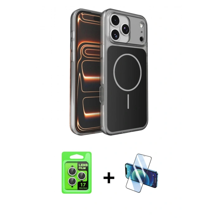 MARSİLYAN™- iPhone 17 Pro Kılıf Kutup Doku Serisi - Siyah 3D Antistatik Cam Ekran Koruyucu + Raze Metal Kamera Lens - GS